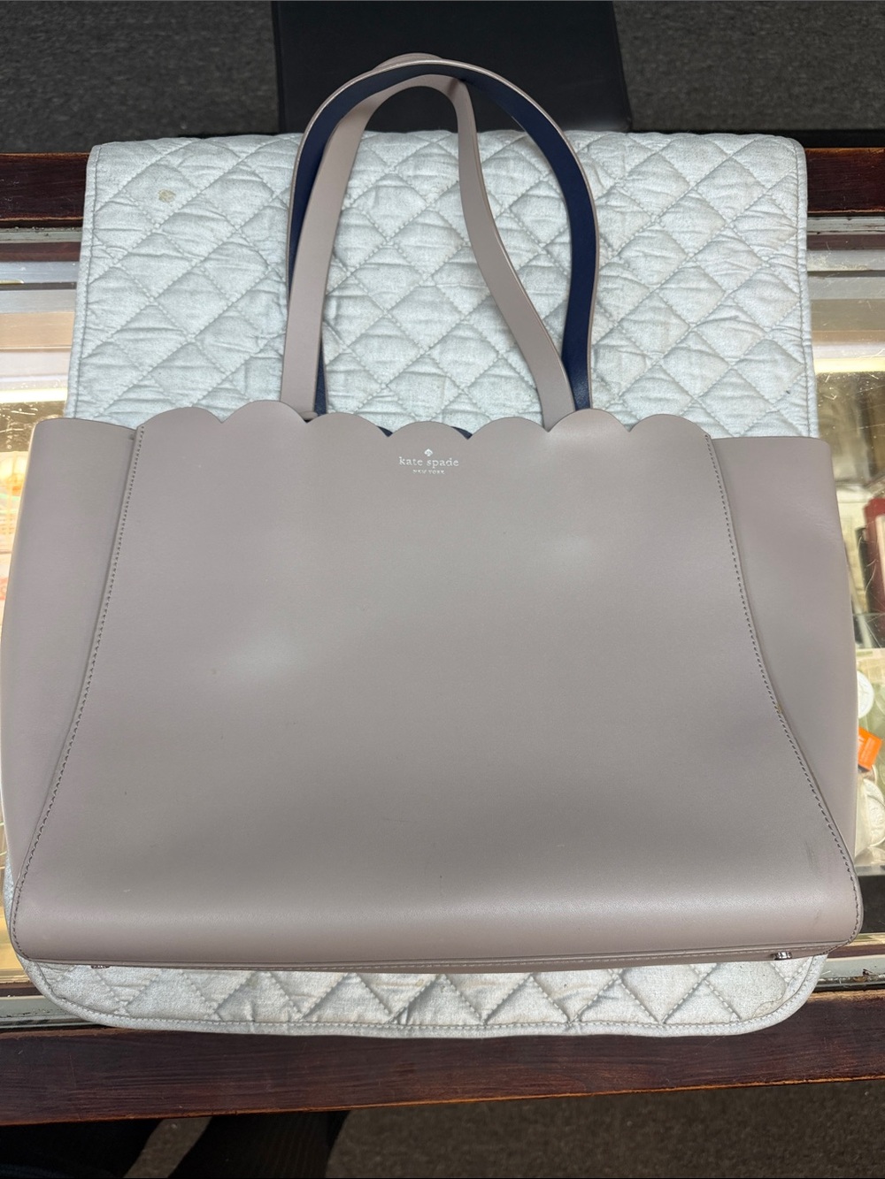Kate Spade Lily Avenue Carrigan Scalloped Leather Tote Bag Taupe Grey Blue